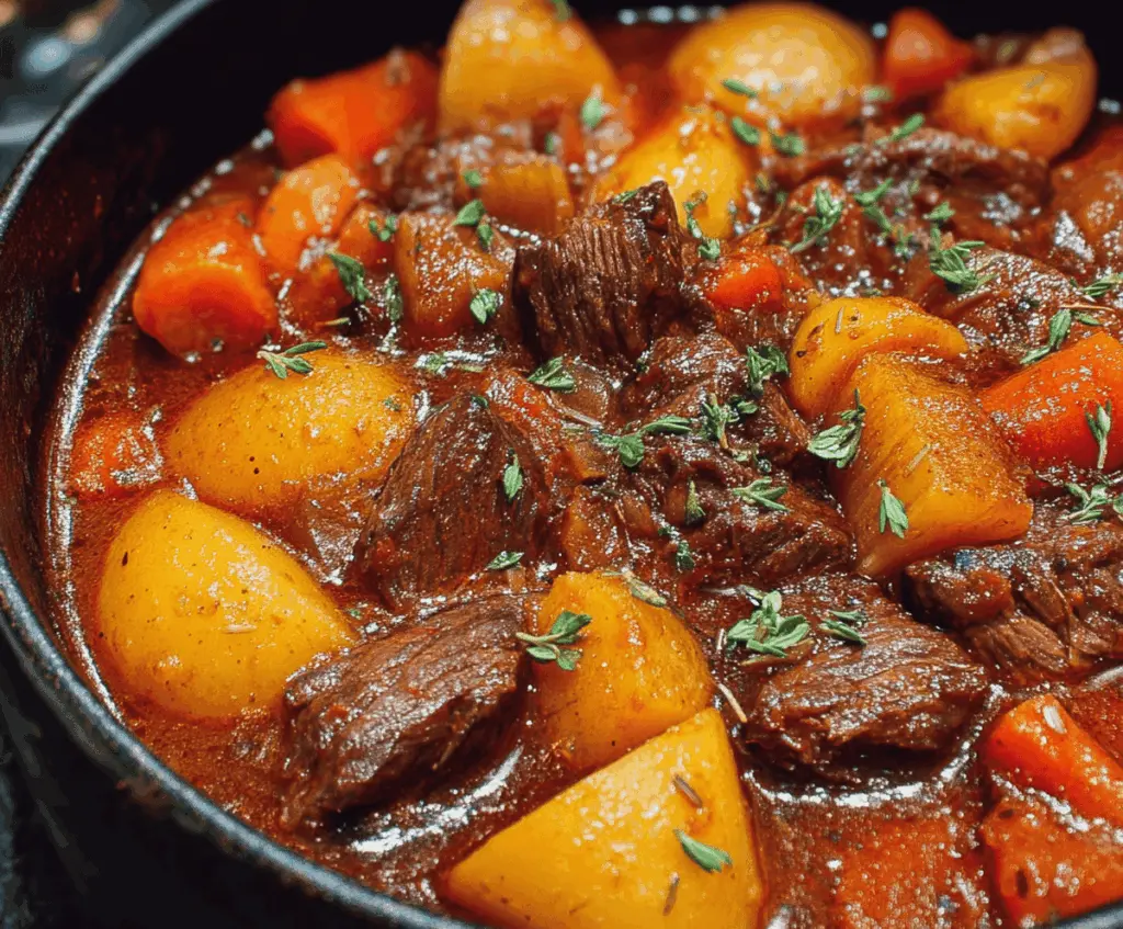 Hearty homemade beef stew with tender beef chunks, carrots, potatoes, and herbs in a savory broth.