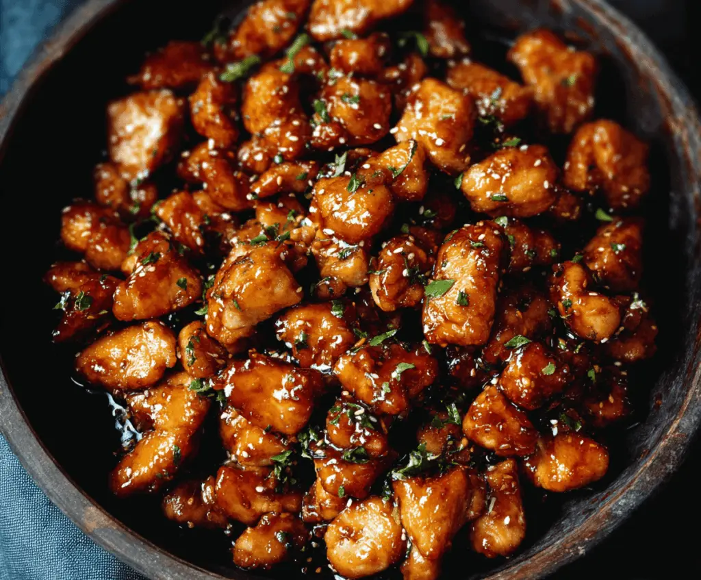 Juicy honey garlic chicken bites garnished with fresh herbs on a white plate, perfect for a savory appetizer or main dish.