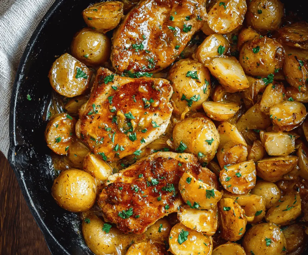 Delicious honey mustard pork chops with crispy roasted potatoes in a skillet, perfect for a flavorful dinner recipe.