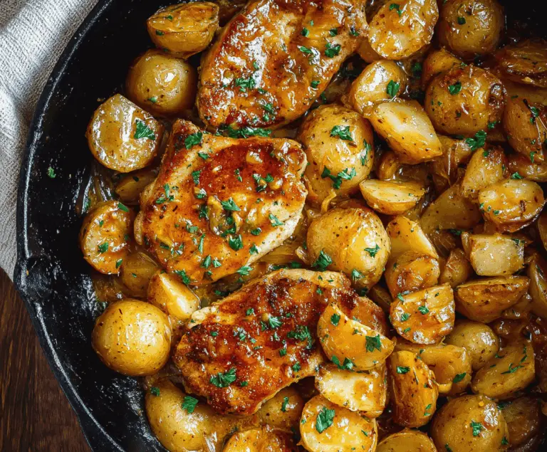 Delicious honey mustard pork chops with crispy roasted potatoes in a skillet, perfect for a flavorful dinner recipe.