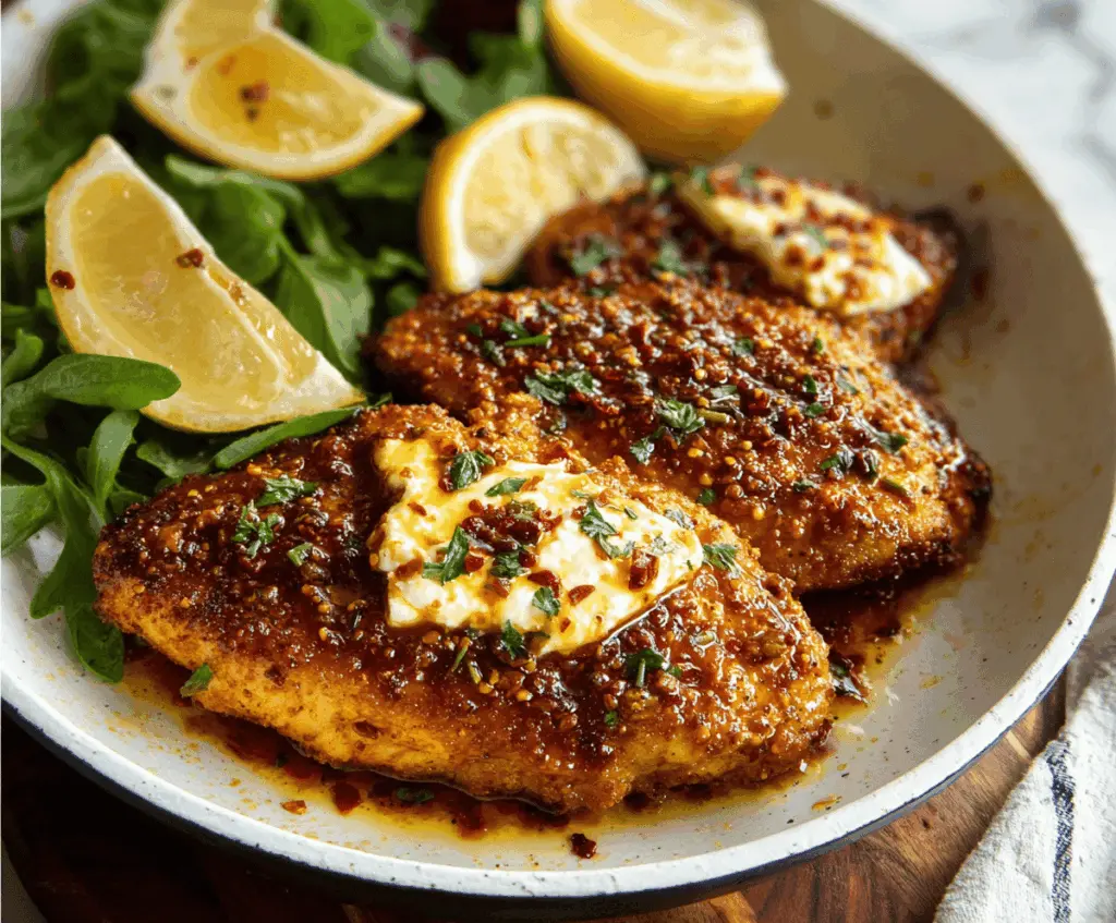 Creamy baked feta chicken topped with spicy honey drizzle and fresh herbs, served on a white plate, perfect for a flavorful dinner recipe.