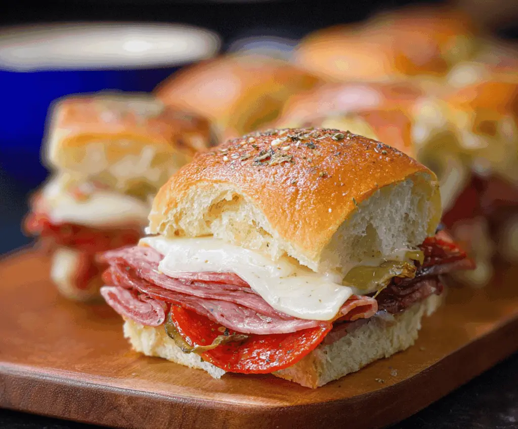 Delicious Hot Italian Sub Sliders with melted cheese, cured meats, peppers, and fresh herbs on mini sandwich buns, perfect for a flavorful appetizer or meal.