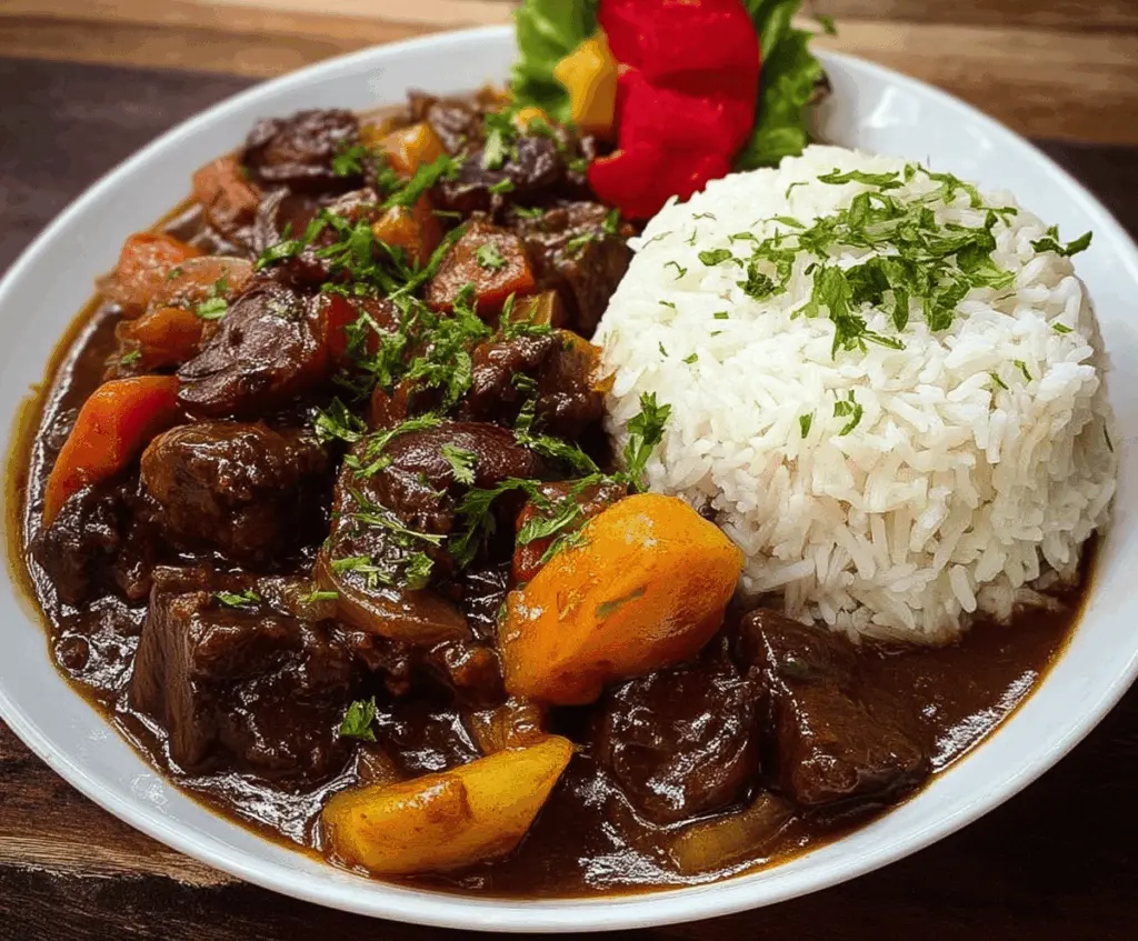 Delicious Jamaican Beef Stew served with fluffy rice, showcasing tender beef, vibrant vegetables, and rich spices.