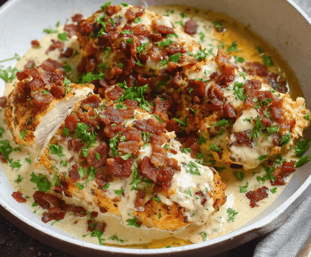 Creamy keto crack chicken with crispy bacon and melted cheese served in a bowl, perfect for low-carb meals.