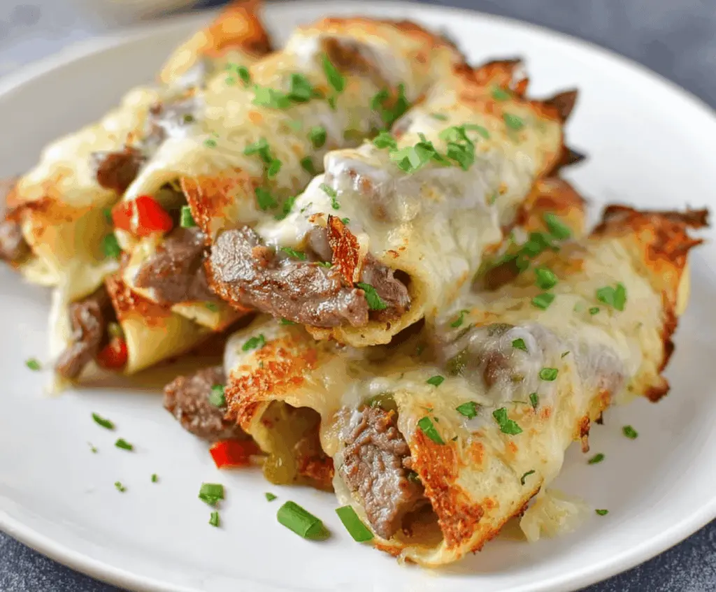 Keto Philly Cheesesteak Rolls with melted cheese and tender beef wrapped in low-carb bread alternative, perfect for keto diet lovers.