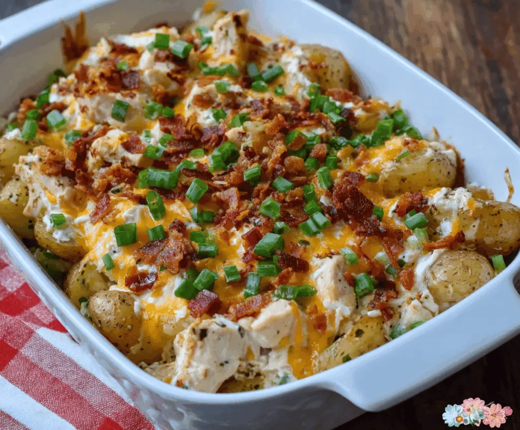 Creamy Loaded Potato Ranch Chicken Casserole topped with cheese and green onions, served hot and ready to enjoy