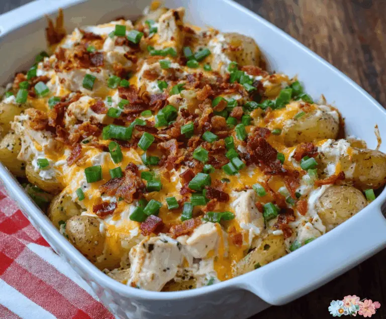 Creamy Loaded Potato Ranch Chicken Casserole topped with cheese and green onions, served hot and ready to enjoy