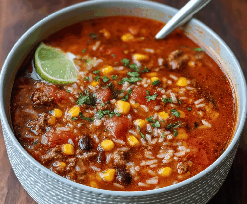 Hearty Mexican Beef and Rice Soup in a bowl with beef chunks, rice, vegetables, and fresh cilantro garnish.