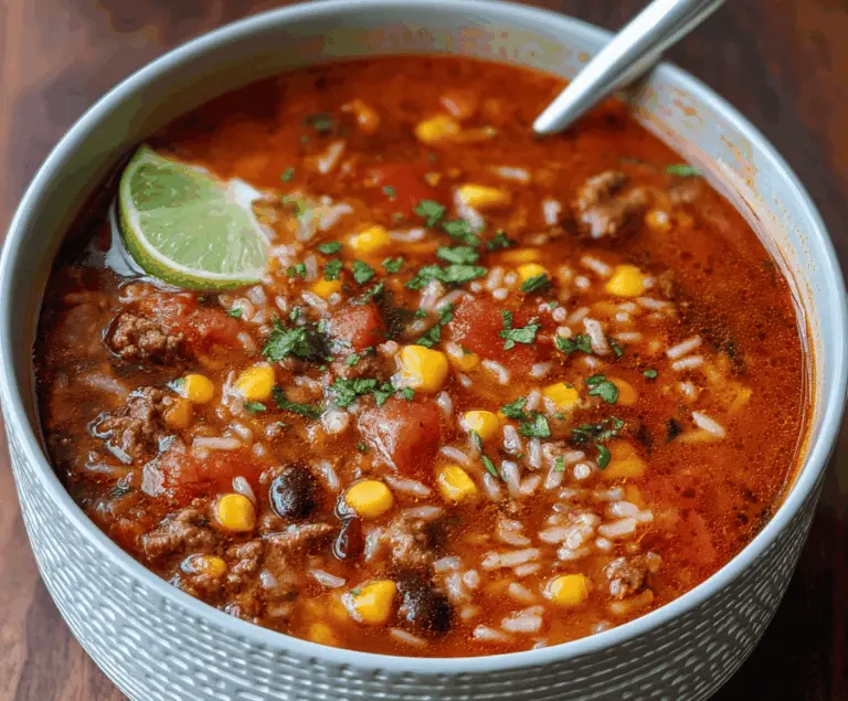 Hearty Mexican Beef and Rice Soup in a bowl with beef chunks, rice, vegetables, and fresh cilantro garnish.