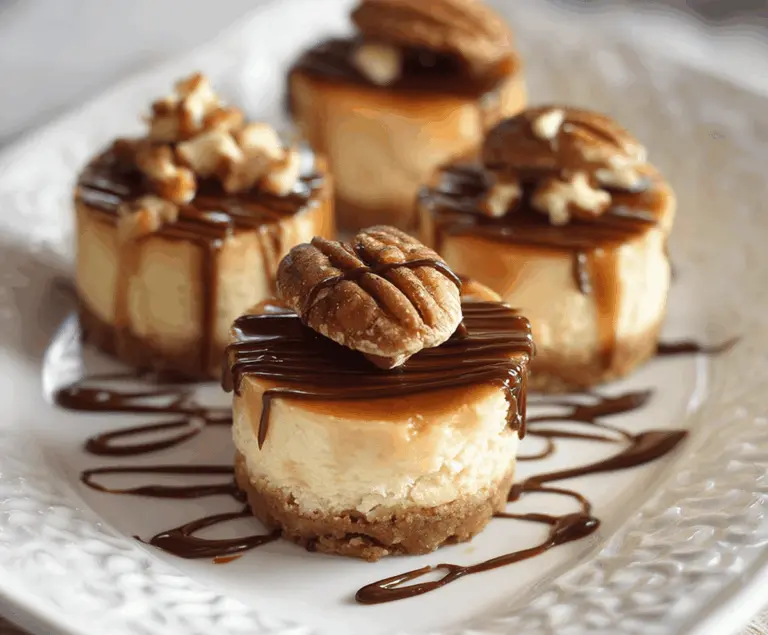 Mini Turtle Cheesecakes topped with caramel, chocolate, pecans, and a chocolate drizzle, perfect for dessert or parties