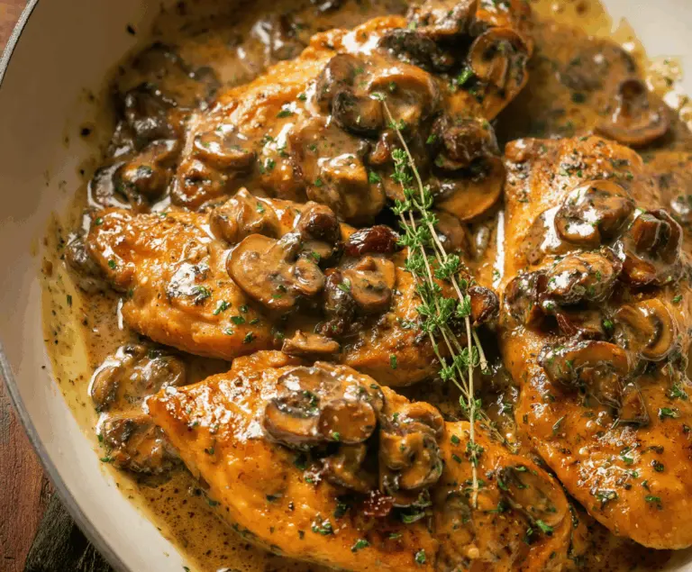 Delicious mushroom chicken dish with sautéed mushrooms and tender chicken served on a white plate