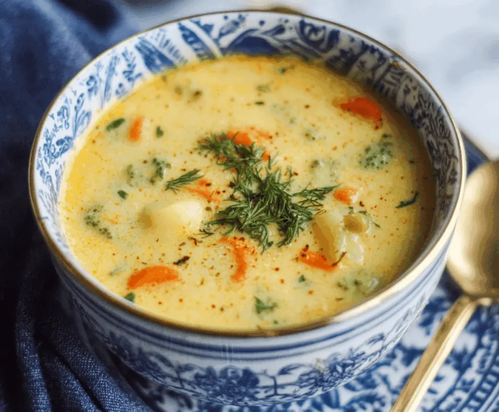 Creamy vegetable soup in a bowl topped with fresh herbs, served in a rustic white dish, highlighting a warm, hearty, and healthy one-pot meal.