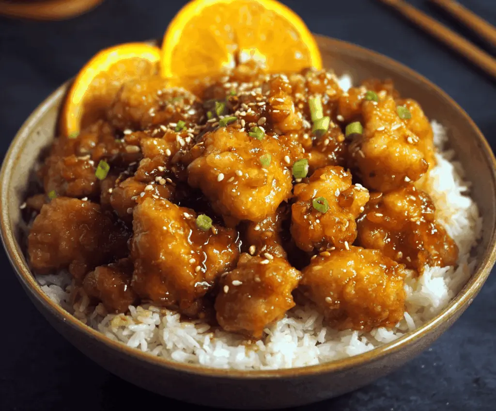 Delicious homemade orange chicken garnished with sesame seeds and chopped green onions, served with steamed rice on a white plate.