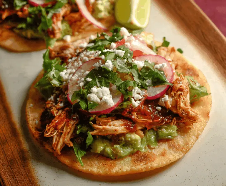 Delicious rotisserie chicken tostadas topped with fresh salsa, shredded lettuce, and cheese on a crispy tortilla shell