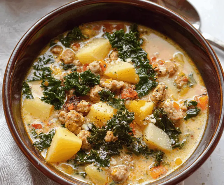 A steaming bowl of sausage, potato, and kale soup garnished with herbs, showcasing a hearty and colorful homemade meal.