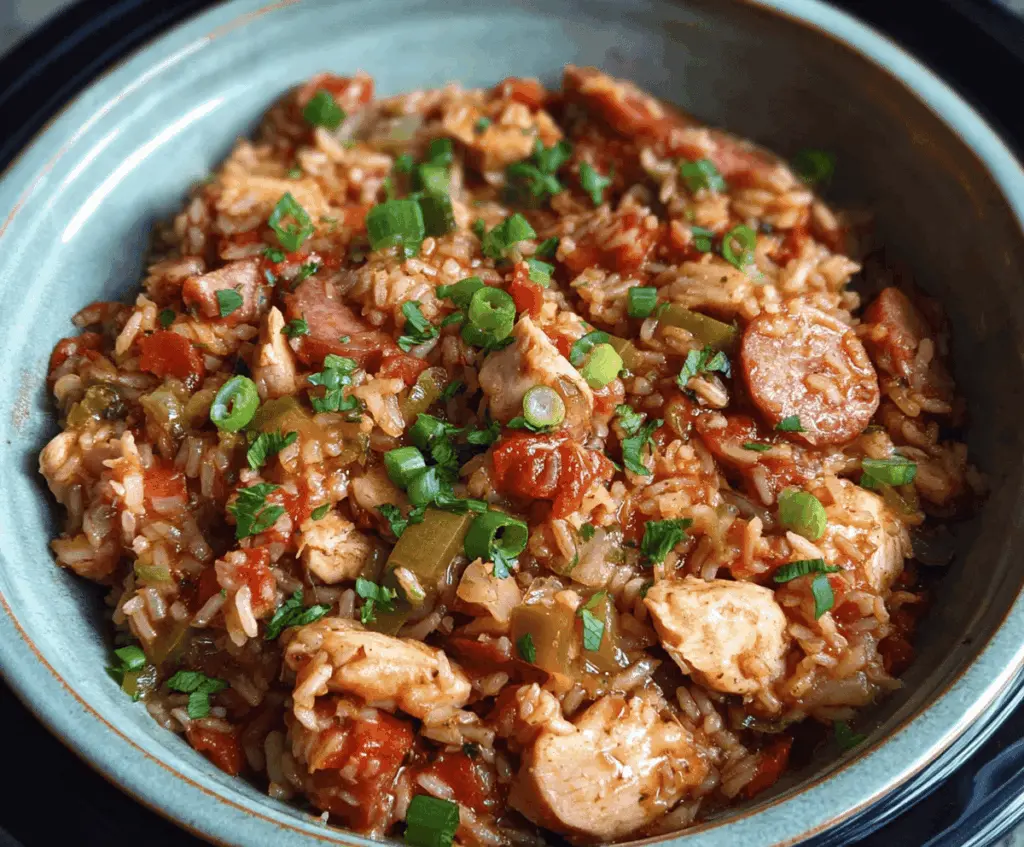 Delicious slow cooker chicken jambalaya with rice, vegetables, and spices served in a bowl
