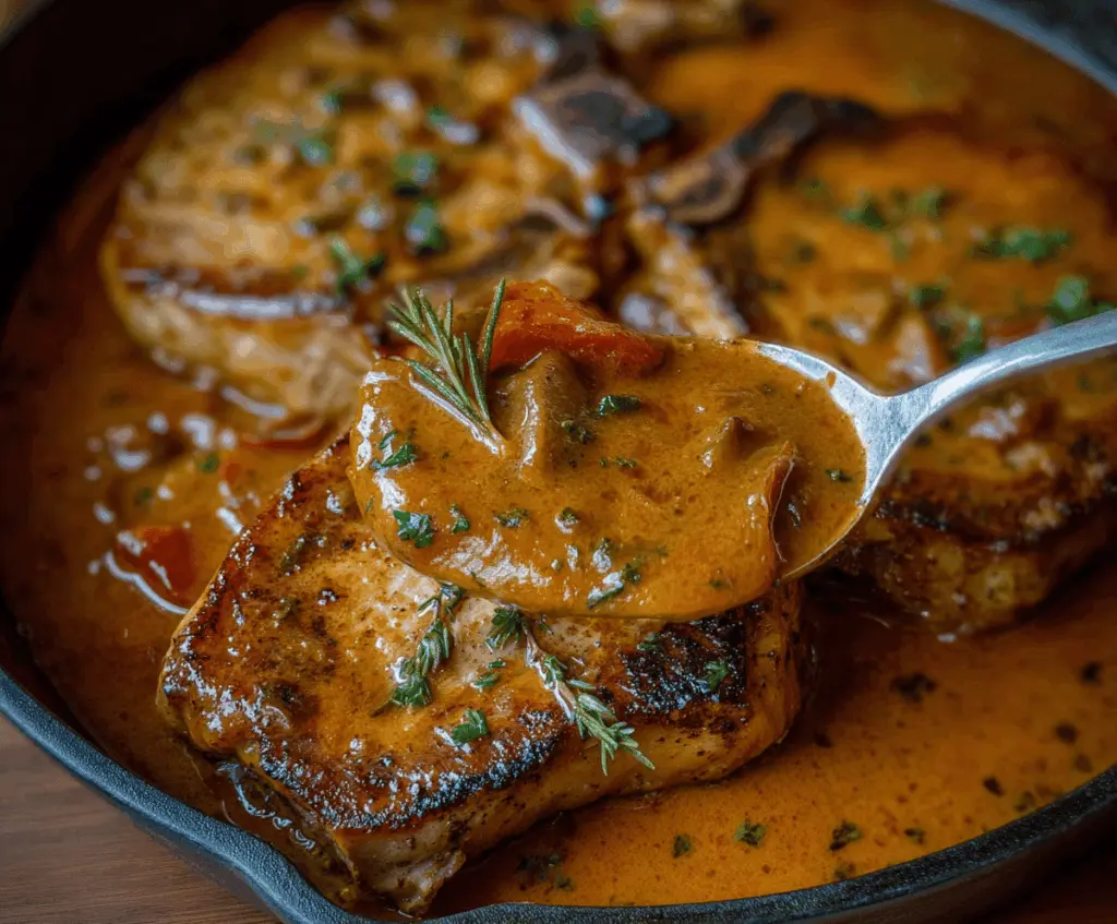 Juicy smothered pork chops topped with gravy and served with mashed potatoes and vegetables on a plate