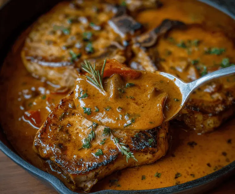 Juicy smothered pork chops topped with gravy and served with mashed potatoes and vegetables on a plate