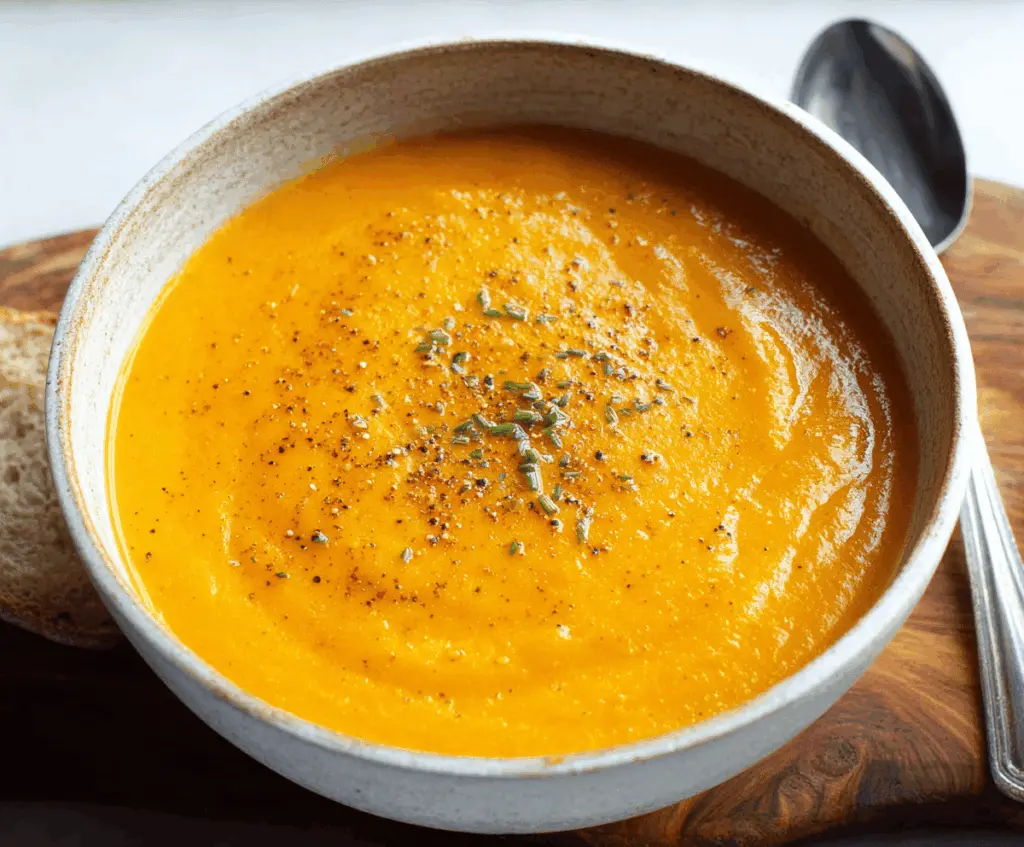 Creamy spiced carrot ginger soup garnished with fresh herbs in a bowl, highlighting vibrant orange color and warming flavors.