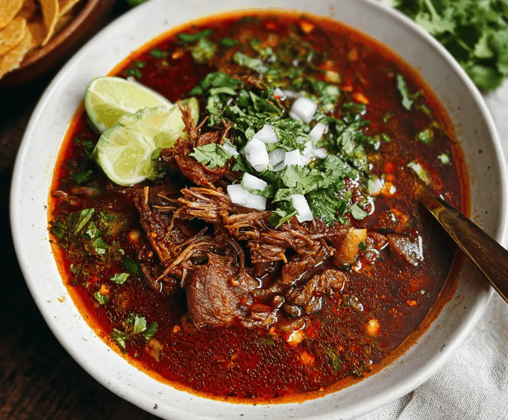 Delicious homemade Mexican Birria served with tender meat, rich broth, and fresh garnishes, showcasing authentic flavors and vibrant colors.
