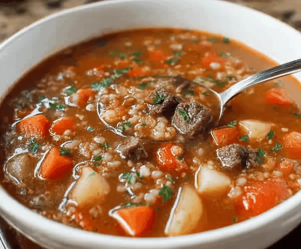 Hearty vegetable beef soup with tender beef chunks, fresh vegetables, and herbs in a steaming bowl