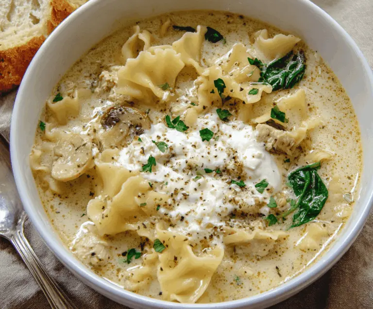 Creamy White Lasagna Soup with layers of ricotta cheese, mozzarella, spinach, and tender pasta in a flavorful broth, served hot in a bowl.