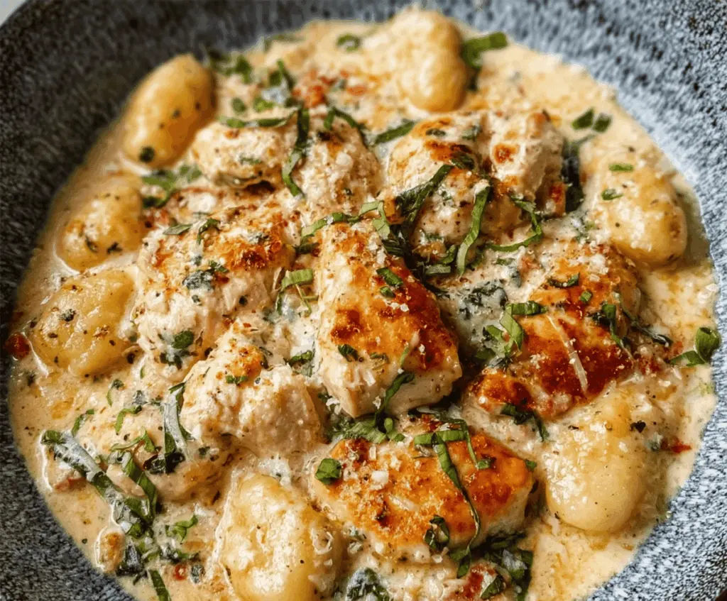 Creamy Asiago Chicken Gnocchi dish featuring tender chicken, fluffy gnocchi, and a rich Asiago cheese sauce garnished with fresh herbs