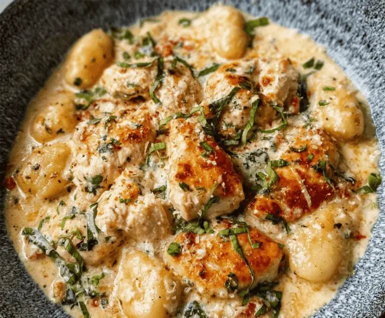 Creamy Asiago Chicken Gnocchi dish featuring tender chicken, fluffy gnocchi, and a rich Asiago cheese sauce garnished with fresh herbs