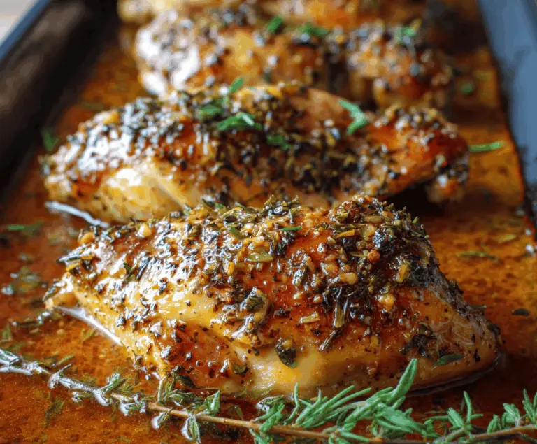 Juicy baked honey Dijon chicken breast garnished with fresh herbs on a white plate, served with vegetables