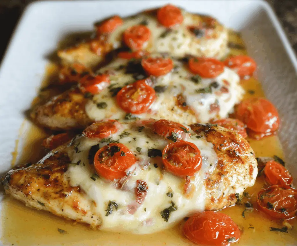 Juicy balsamic chicken breast topped with melted mozzarella cheese and fresh herbs on a plate, served with vegetables