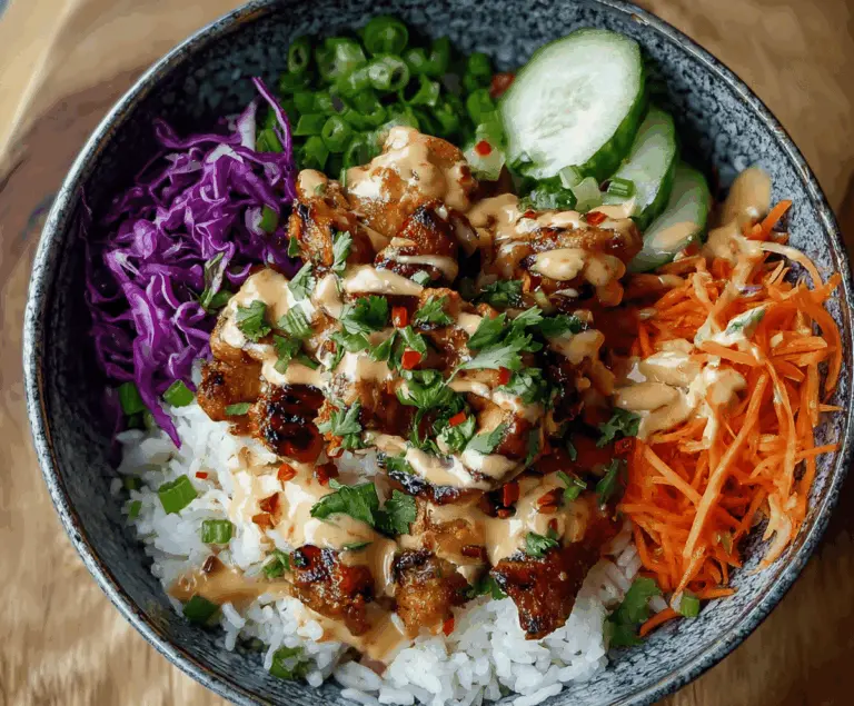 Creamy Bang Bang Chicken Bowl with crispy chicken pieces, fresh vegetables, and spicy, flavorful sauce served in a bowl