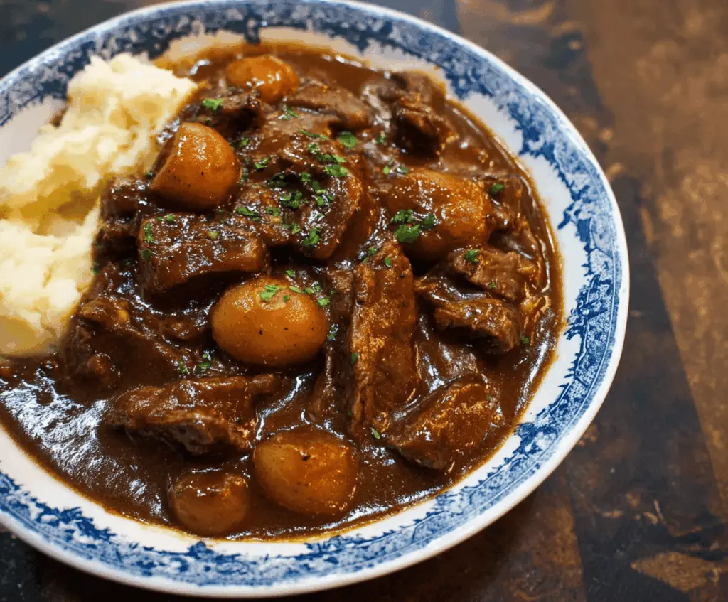 Hearty Beef Carbonnade Stew with tender beef chunks, caramelized onions, and rich gravy served in a rustic bowl