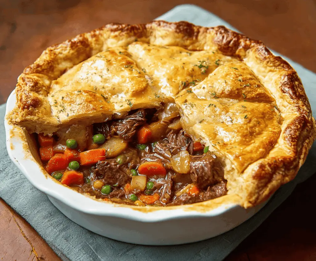 Delicious homemade beef pot pie with golden flaky crust and savory beef filling, served hot on a rustic plate.