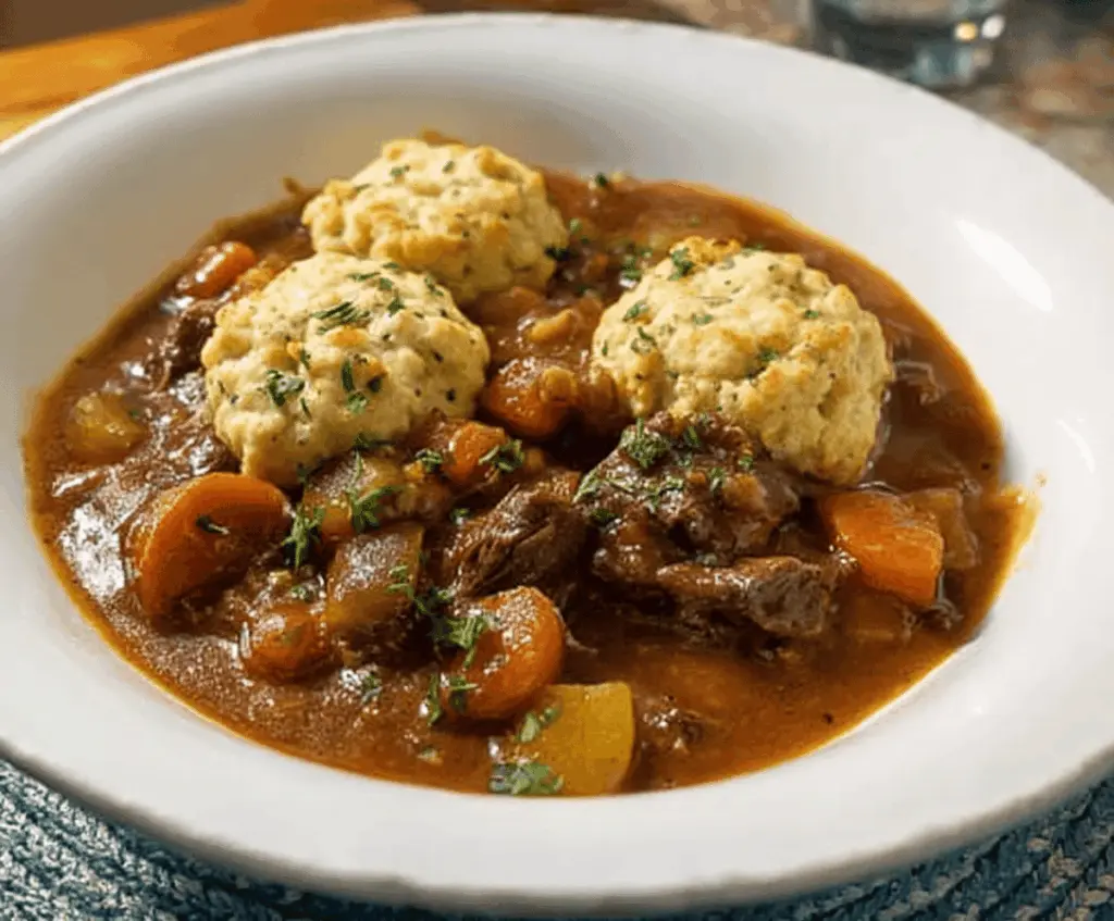 Hearty beef stew with fluffy dumplings served in a rustic bowl, perfect for comforting homemade meals