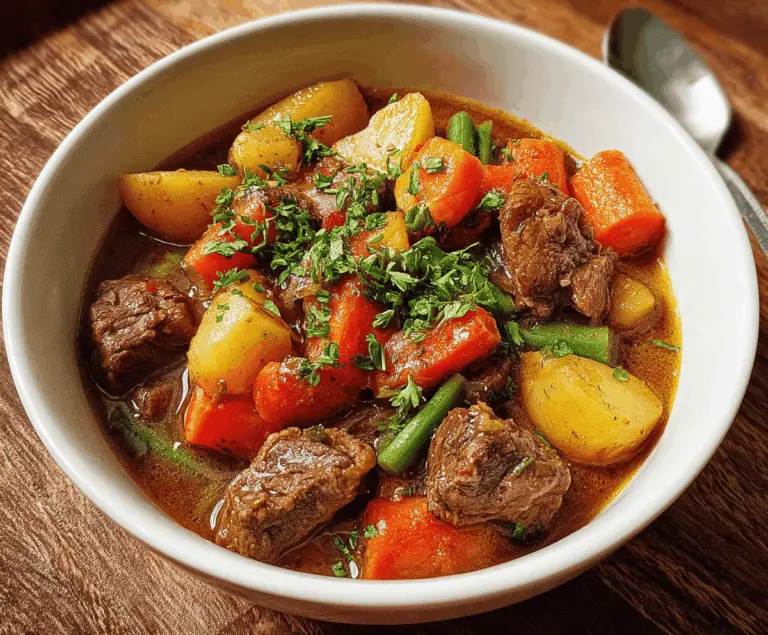 Hearty beef stew with tender beef chunks, carrots, potatoes, and vegetables in a rich broth served in a bowl.