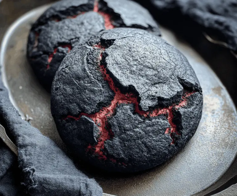 A spooky Halloween-themed Brimstone Bread featuring dark black bread with fiery orange and red toppings, perfect for a haunting festive table.