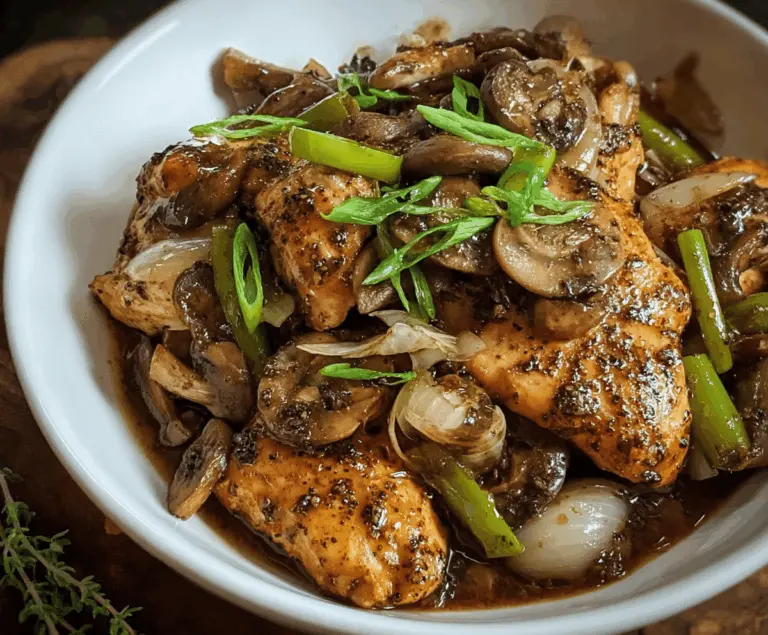 Delicious Black Pepper Chicken with Mushrooms served on a white plate, garnished with fresh herbs, showcasing a flavorful stir-fry dish.