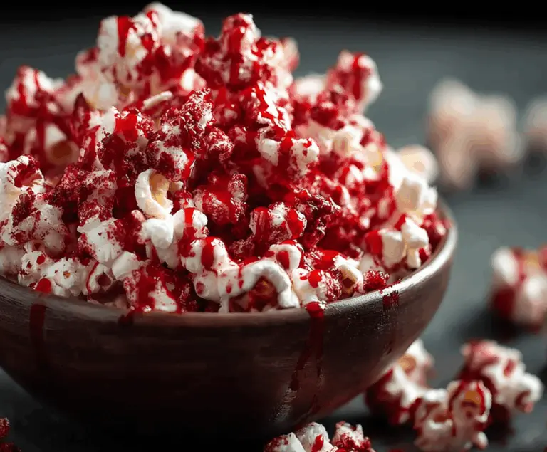 Bright red velvet popcorn topped with creamy frosting and red sprinkles, perfect for a spooky or festive occasion.