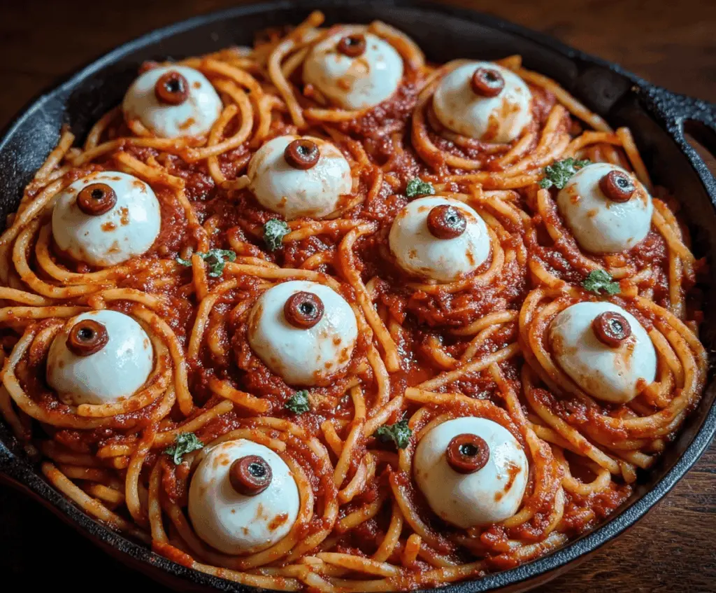 A spooky plate of Bloody Spaghetti topped with mozzarella eyeballs, garnished with fresh basil leaves for a creepy Halloween-inspired meal.