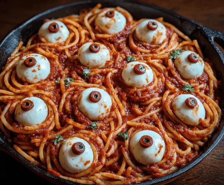 A spooky plate of Bloody Spaghetti topped with mozzarella eyeballs, garnished with fresh basil leaves for a creepy Halloween-inspired meal.