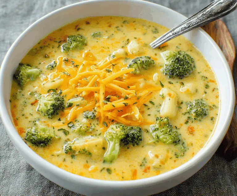 Creamy broccoli, potato, and cheese soup served in a bowl, garnished with fresh herbs and topped with melted cheese