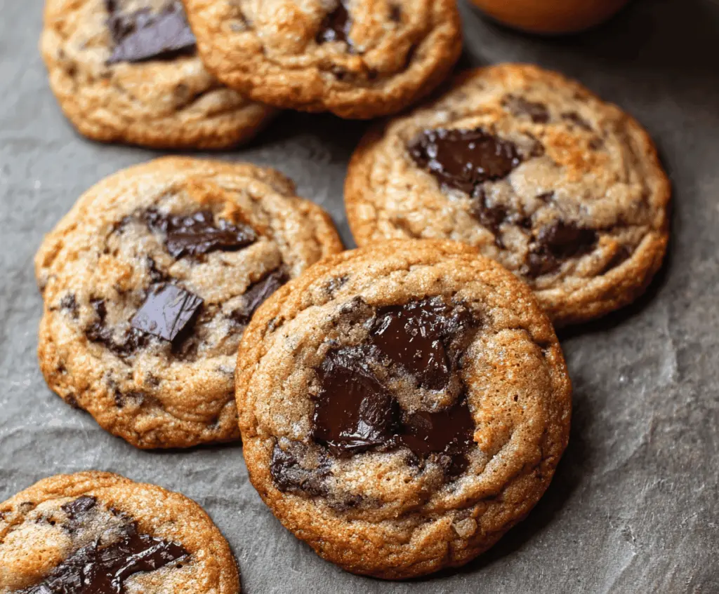 Delicious freshly baked brown butter chocolate chip cookies with golden edges and melty chocolate chunks on a rustic wooden surface.