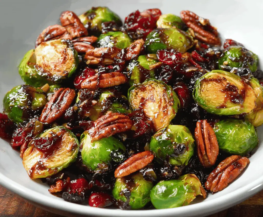 Delicious Brussels sprouts salad with crispy bacon, toasted pecans, dried cranberries, and balsamic glaze drizzle, perfect for a flavorful side dish.