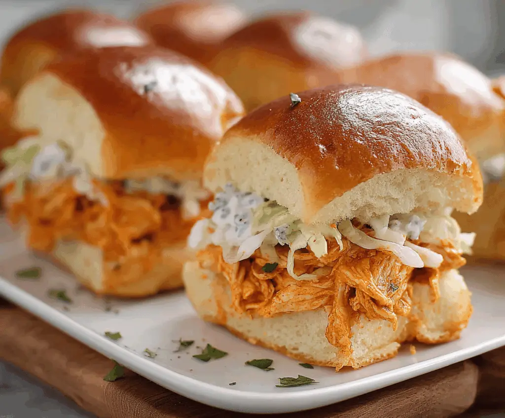 Delicious buffalo chicken sliders with crispy buns, spicy buffalo chicken filling, and fresh toppings on a serving platter