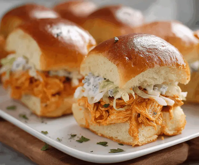 Delicious buffalo chicken sliders with crispy buns, spicy buffalo chicken filling, and fresh toppings on a serving platter