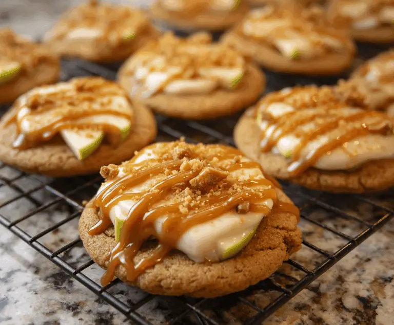 Delicious caramel apple cookies with golden caramel topping and fresh apple slices in a baking dish.