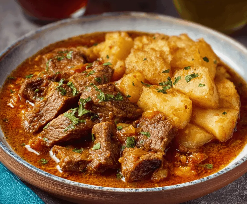 Savory Carne Con Papas dish featuring tender beef and crispy potatoes served on a rustic plate
