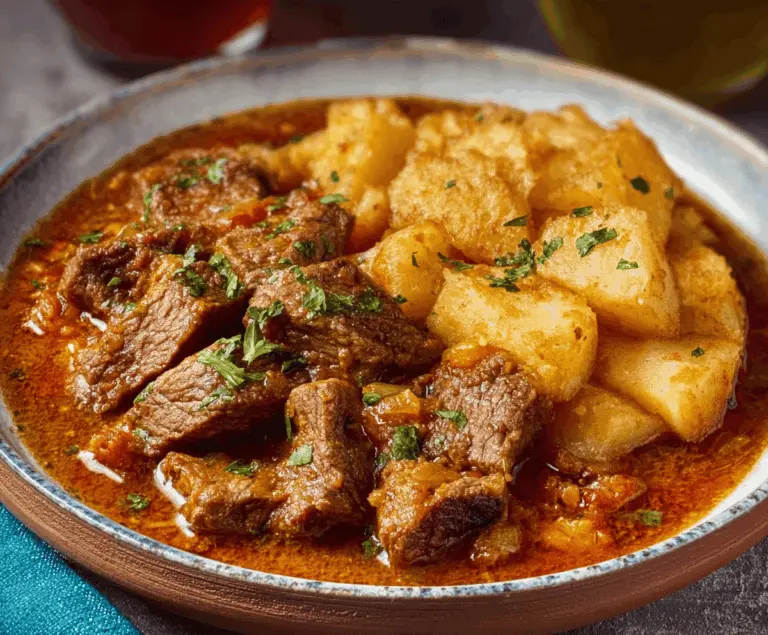 Savory Carne Con Papas dish featuring tender beef and crispy potatoes served on a rustic plate