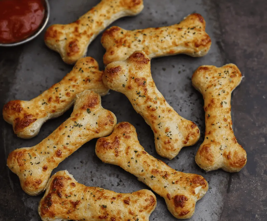 Delicious cheesy breadstick bones topped with melted cheese and herbs, perfect for a spooky Halloween snack.