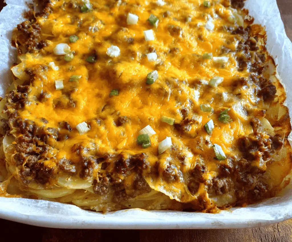 Delicious cheesy ground beef and potato casserole topped with melted cheese and fresh herbs, perfect for a hearty family meal
